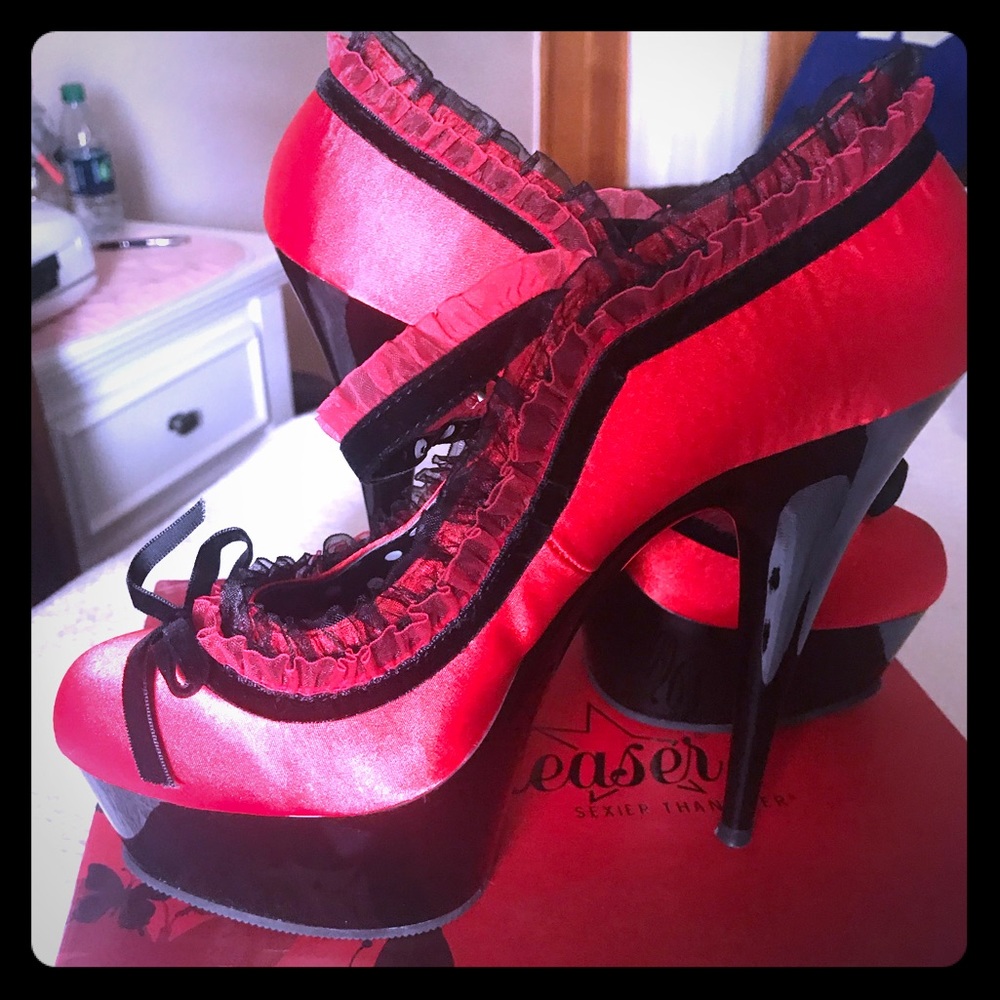 PLEASER RED & BLACK SATIN PUMPS